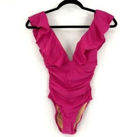 J. Crew Ruched Ruffle One Piece Swimsuit In Radiant Fuchsia Size 14 - Picture 2 of 5